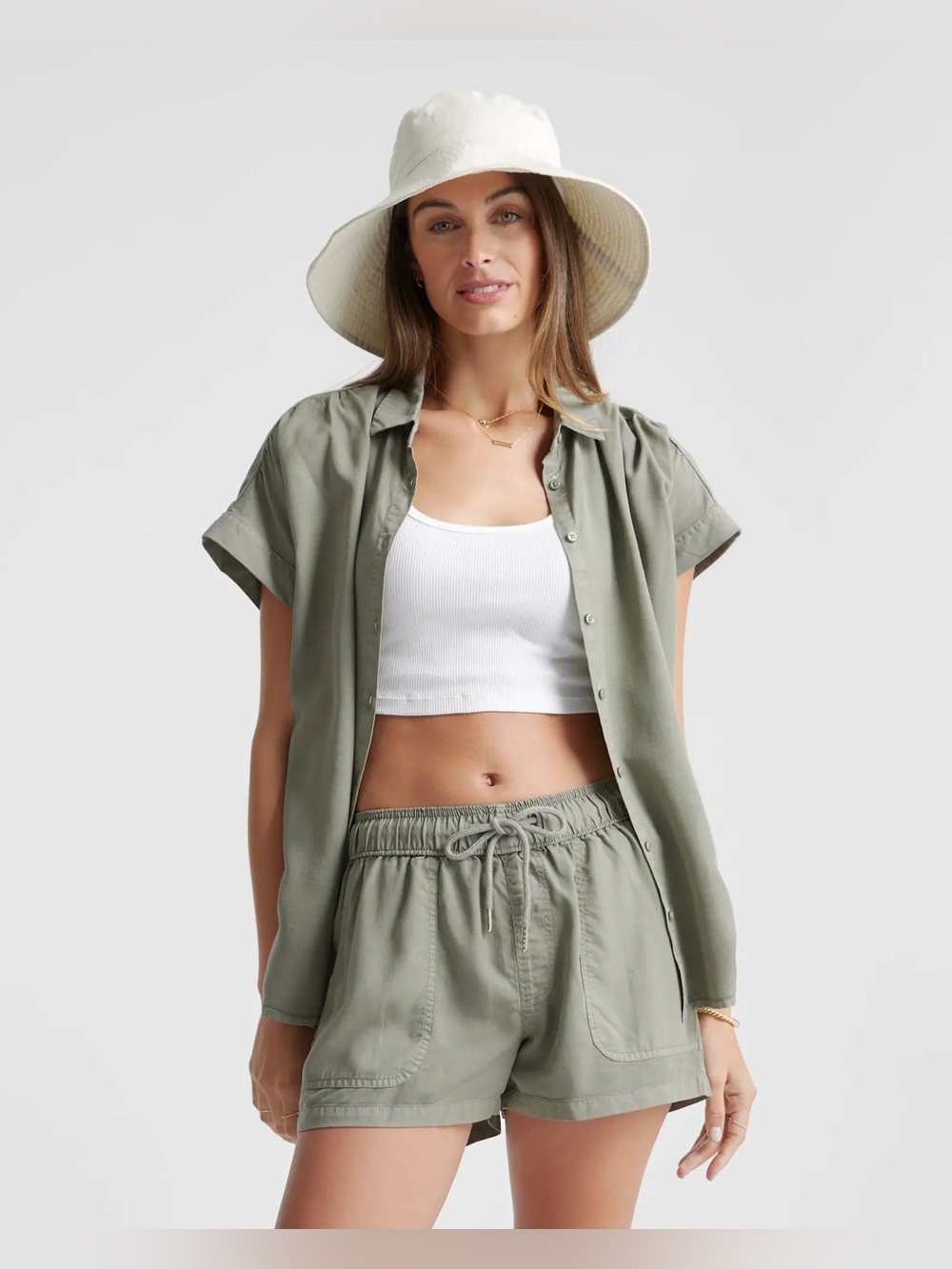 QUINCE Vintage Wash $98 Tencel Camp Shirt Olive L Large #099